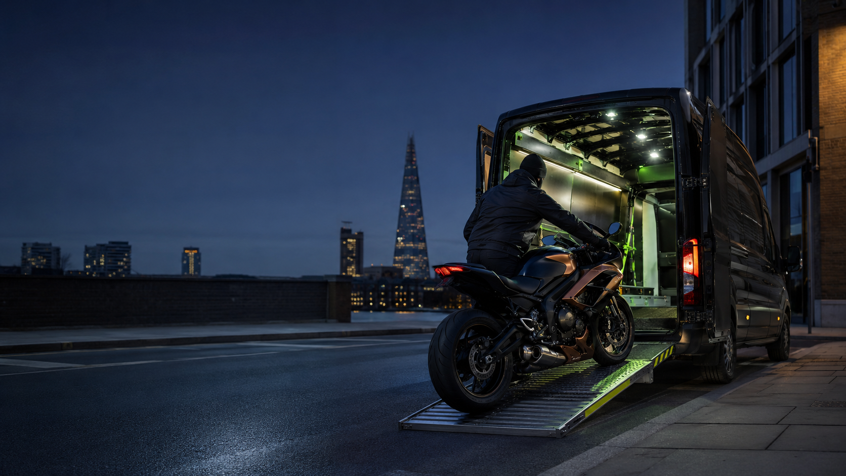 Motorcycle collection illustration showing a bike being loaded into a van in London